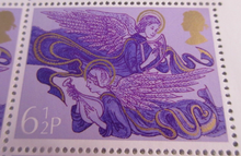 Load image into Gallery viewer, 1975 ANGELS WITH HARP &amp; LUTE 6 1/2P 8 X STAMPS MNH WITH STAMP HOLDER
