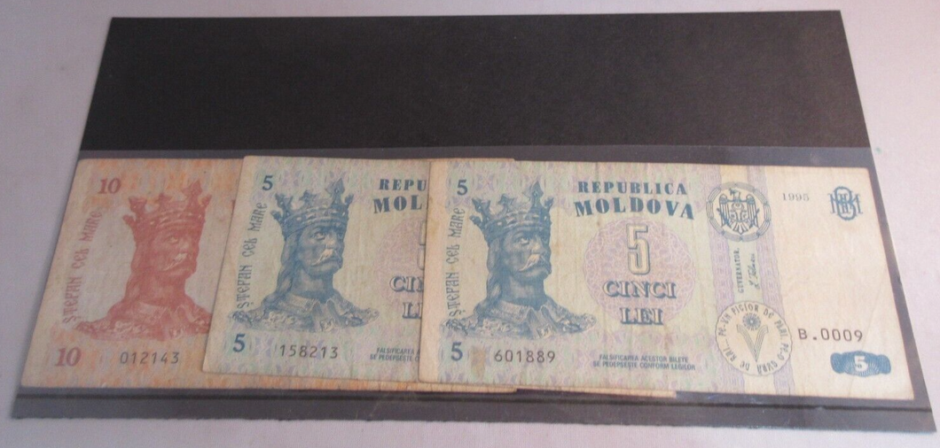 1994-95 REPUBLICA MOLDOVA 10 ZECE LEI & 2 X 5 CINCI LEI BANKNOTES SEE PHOTOS
