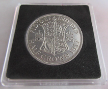 Load image into Gallery viewer, 1937 GEORGE VI BARE HEAD HALF CROWN .500 EF+ IN QUADRANT CAPSULE
