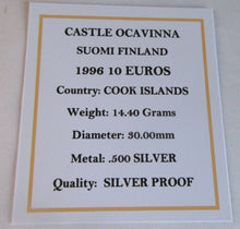 Load image into Gallery viewer, 1996 CASTLE OCAVINNA SUOMI FINLAND COOK ISLANDS S/PROOF 10 EUROS COIN BOX &amp; COA
