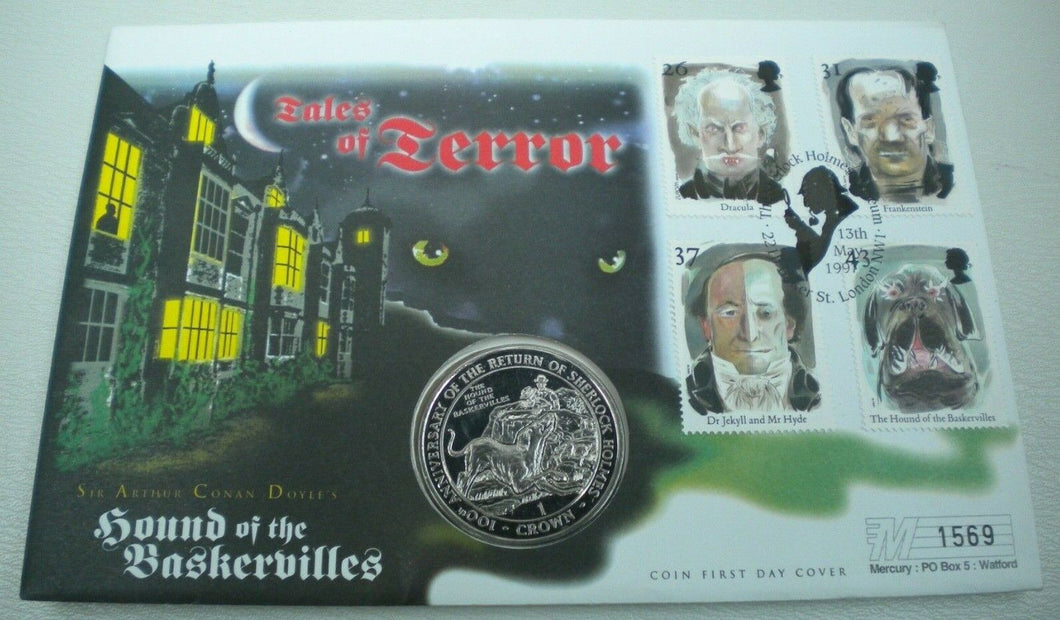 1994 THE HOUND OF THE BASKERVILLES, TALES OF TERROR BUNC 1 CROWN COIN/STAMPS PNC