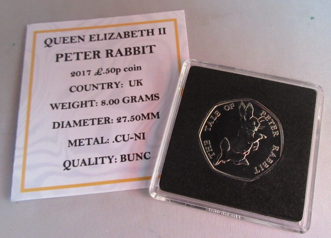 2017 PETER RABBIT QEII BUNC 50P FIFTY PENCE COIN QUAD CAPSULE & COA