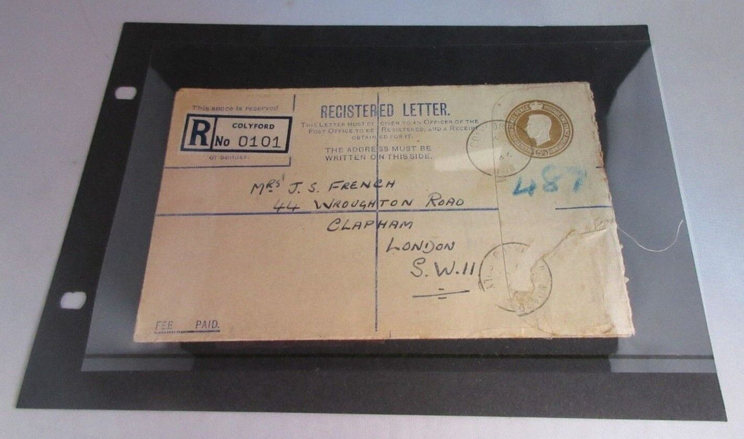 KING GEORGE VI REGISTERED LETTER 51/2d USED IN CLEAR FRONTED HOLDER