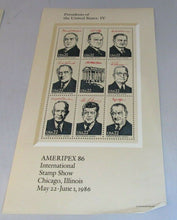 Load image into Gallery viewer, 1986 INTERNATIONAL STAMP SHOW PRESIDENTS OF THE UNITED STATES MNH 4 SHEETS
