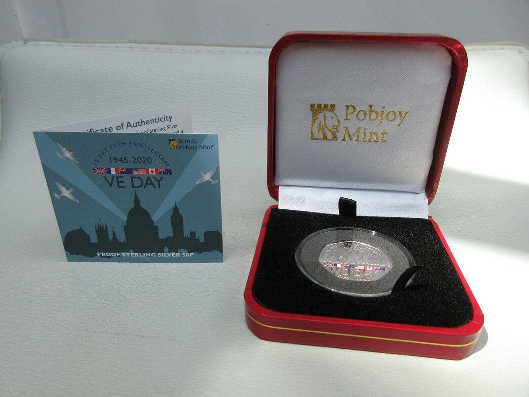 2020 VE DAY 75th ANNIVERSARY SILVER PROOF COLOURED 50P  COA & PRESENTATION BOX