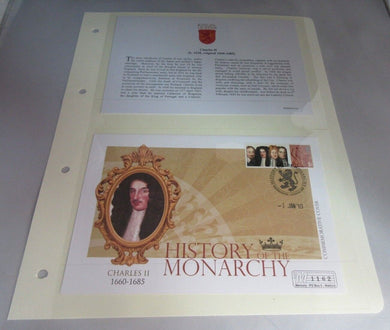 CHARLES II REIGN 1660-1685 COMMEMORATIVE COVER INFORMATION CARD & ALBUM SHEET