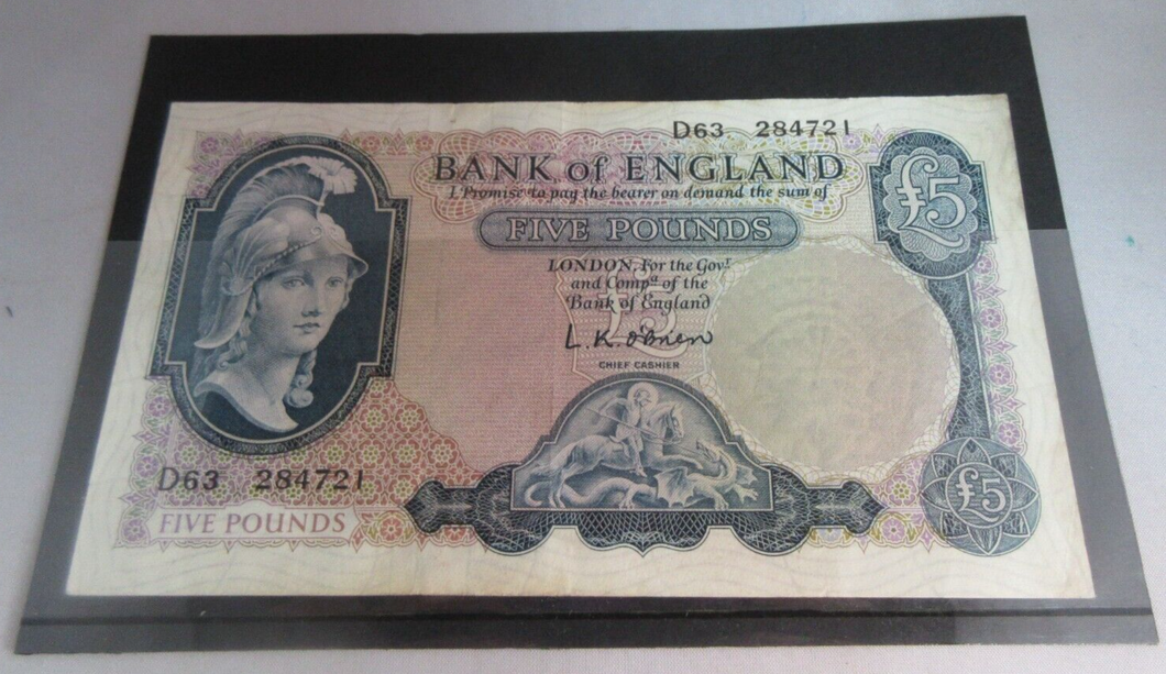 1957 O'BRIEN BRITANNIA FIVE POUND £5 NOTE FEB 1957 AEF D63 284721