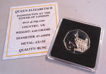 Load image into Gallery viewer, 2019 PADDINGTON TOWER OF LONDON QEII BUNC 50P FIFTY PENCE COIN QUAD CAP &amp; COA
