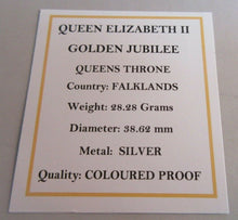 Load image into Gallery viewer, 2002 QEII GOLDEN JUBILEE QUEENS THRONE 50P CROWN SILVER COLOURED PROOF BOXED
