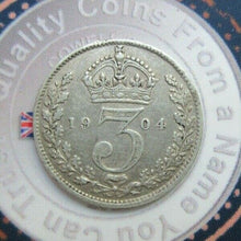 Load image into Gallery viewer, 1904 EDWARD VII BARE HEAD SILVER 3 PENCE 3d EF
