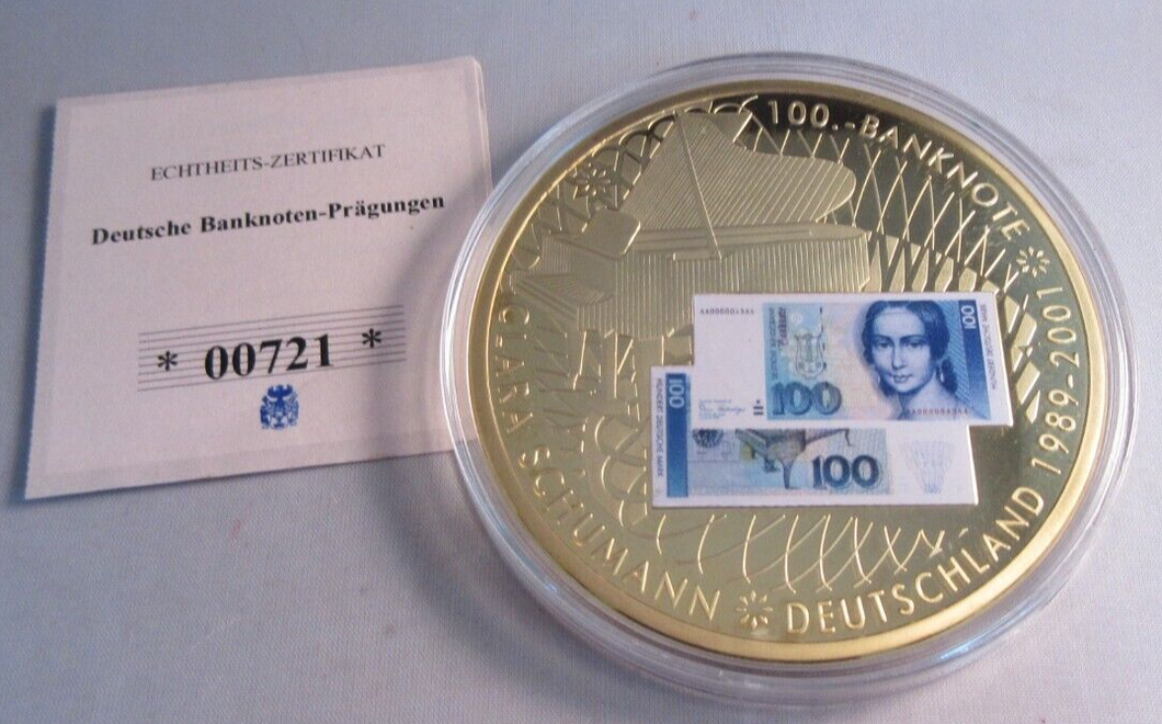 2015 GERMAN BANKNOTE IMPRESSIONS 70MM MEDALLION GOLD PLATED PROOF CAPSULE & COA