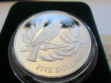Load image into Gallery viewer, NEW ZEALAND: 1995 TUI BIRD, $5 SILVER PROOF COIN, RARE SERIES PLUSH BOX AND COA
