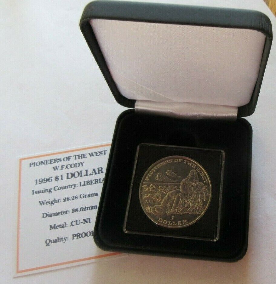 1996 W F CODY PIONEERS OF THE WEST PROOF LIBERIA $1 ONE DOLLAR COIN BOX & COA