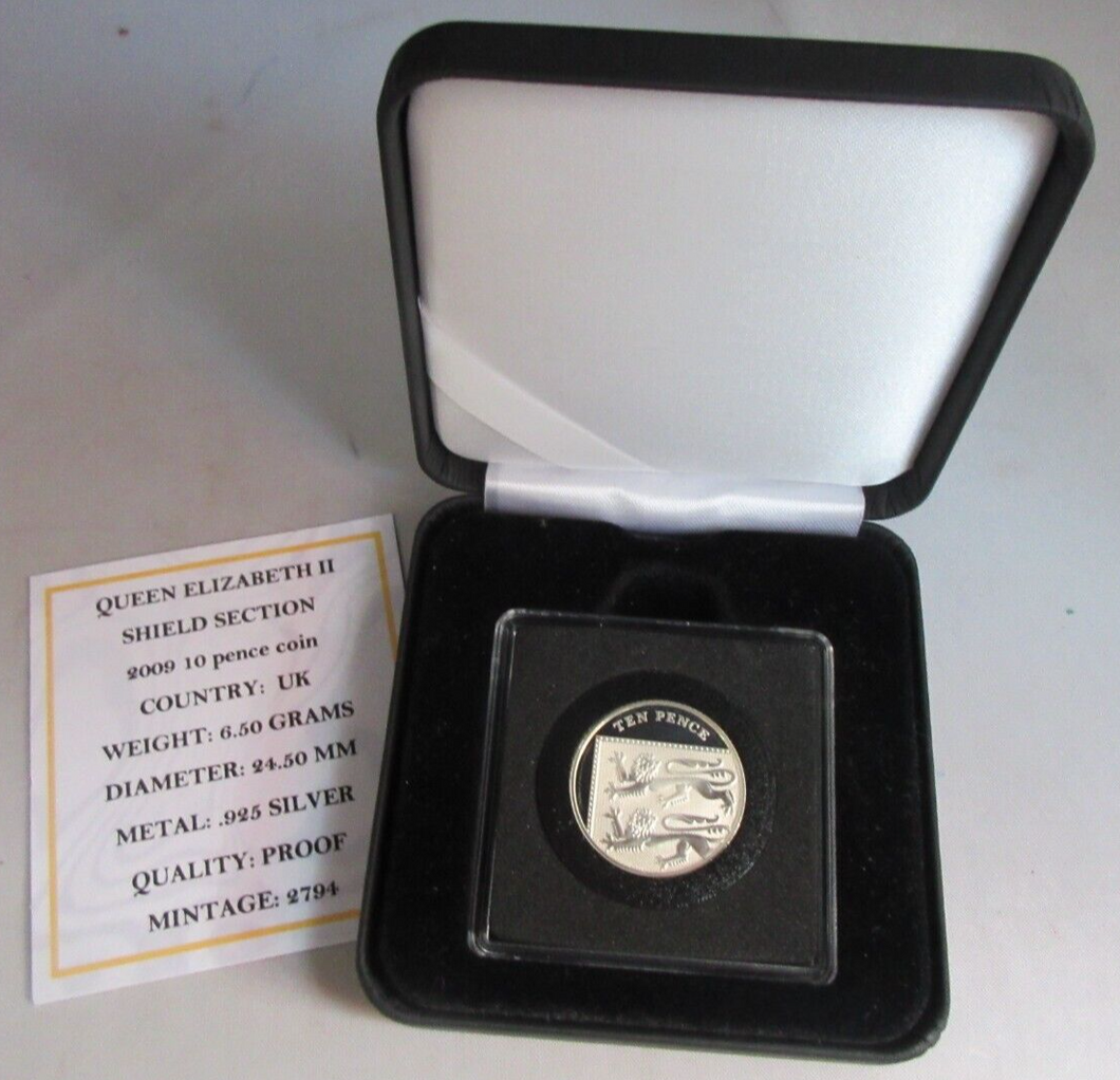 2009 QUEEN ELIZABETH II SHIELD SECTION SILVER PROOF TEN PENCE COIN BOX & COA