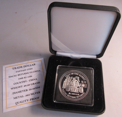 1999 TRADE DOLLAR MACAU RETURNS TO CHINA YOT RABBIT FANTASY COIN WITH BOX & COA