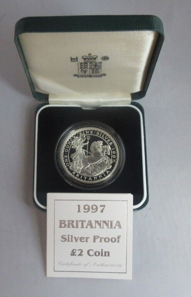 1997 Britannia First Year Royal Mint 1oz Silver Proof UK £2 Coin Boxed + COA Cc1