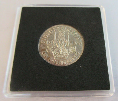 1943 KING GEORGE VI BARE HEAD .500 SILVER aUNC ONE SHILLING COIN & CAPSULE