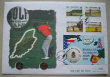 Load image into Gallery viewer, 1995 &amp; 1997 GOLF ON MANN BUNC 2 X 5 PENCE FIRST DAY COIN COVER PNC &amp; INFO SHEET
