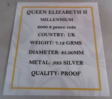 Load image into Gallery viewer, 2000 QUEEN ELIZABETH II MILLENNIUM SILVER PROOF TWO PENCE COIN BOX &amp; COA
