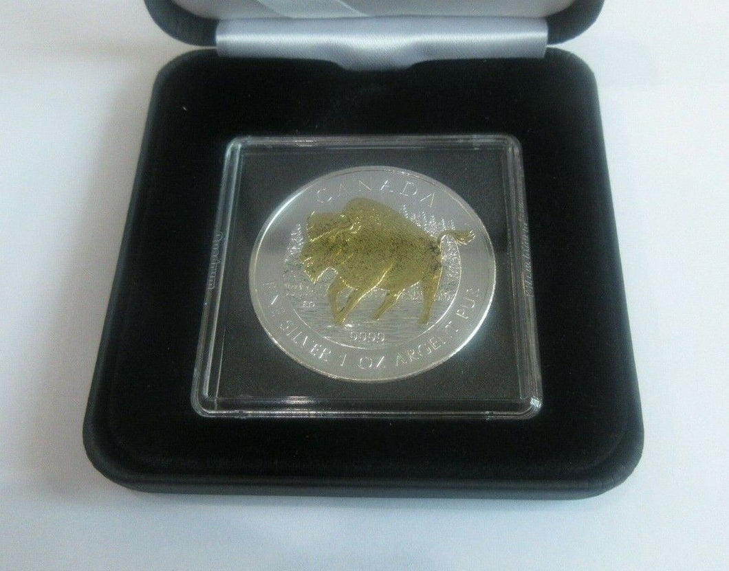 2013 1oz Silver BUnc $5 Canada Gold Gilded Bison Coin + Quad Box