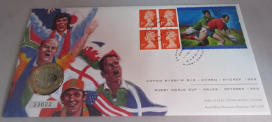 1999 RUGBY WORLD CUP BUNC £2 COIN COVER PNC COMMEMORATIVE LABEL STAMPS POSTMARK