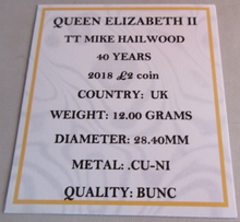 Load image into Gallery viewer, 2018 TT MIKE HAILWOOD 40 YEARS QEII BUNC £2 TWO POUND COIN  QUAD CAPSULE &amp; COA
