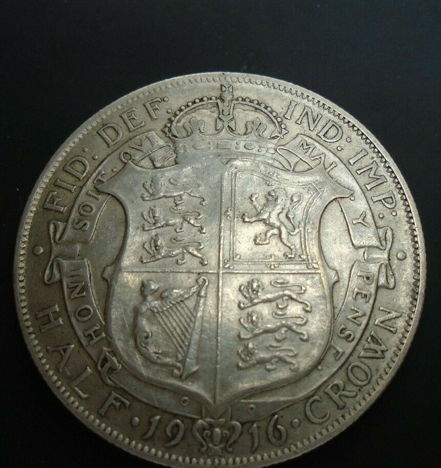 1916 GEORGE V BARE HEAD FIRST COIN HALF 1/2 CROWN SPINK 4011 CROWNED SHIELD 1