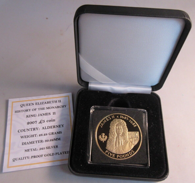 2007 QEII JAMES II HISTORY OF THE MONARCHY ALDERNEY S/PROOF £5 COIN BOX & COA