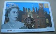 Load image into Gallery viewer, 2002 50TH ANNIVERSARY HM THE QUEEN&#39;S FIRST STAMPS BUNC ONE DOLLAR COIN COVER PNC
