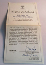 Load image into Gallery viewer, 1976 QE II BICENTENNIAL VISIT COMMEMORATIVE SILVER PROOF MEDAL COA INFO &amp; BOX
