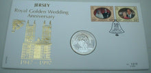 Load image into Gallery viewer, 1947-1997 ROYAL GOLDEN WEDDING ANNIVERSARY JERSEY £5 CROWN COVER PNC WITH INFO
