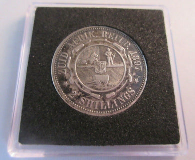 1897 SOUTH AFRICA SILVER 2 SHILLINGS COIN IN PRESENTED IN QUADRANT CAPSULE