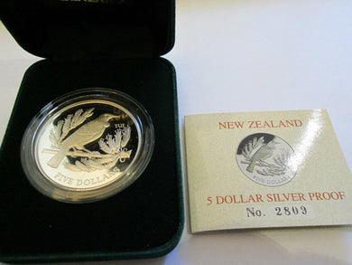 NEW ZEALAND: 1995 TUI BIRD, $5 SILVER PROOF COIN, RARE SERIES PLUSH BOX AND COA