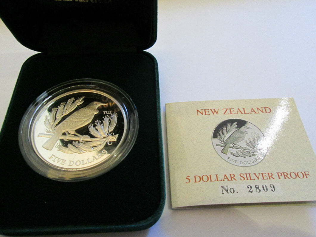 NEW ZEALAND: 1995 TUI BIRD, $5 SILVER PROOF COIN, RARE SERIES PLUSH BOX AND COA