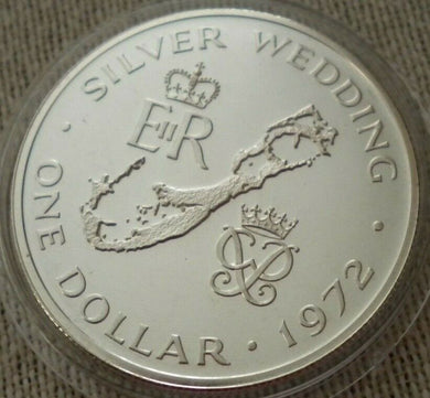 1972 QUEEN ELIZABETH II SILVER WEDDING BERMUDA SILVER ONE DOLLAR COIN IN CAPSULE