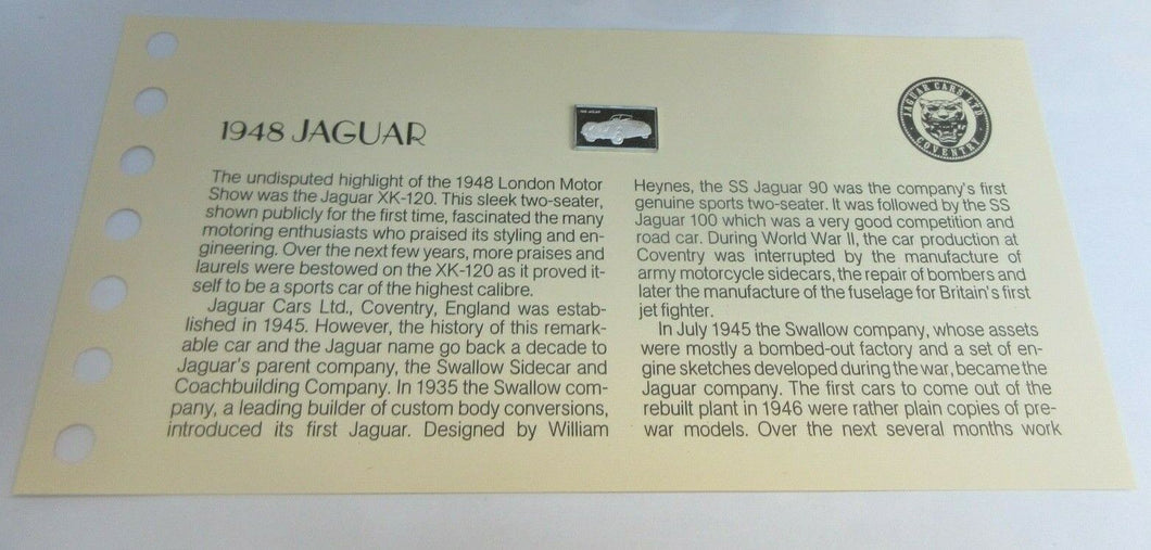 1948 JAGUAR 15mm X 10mm 1.60gram SILVER INGOT WITH INFORMATION SLIP