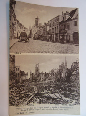 WWI POSTCARD YPRES SAINT ORCHARD STREET BEFORE & AFTER BOMBARDMENT A7