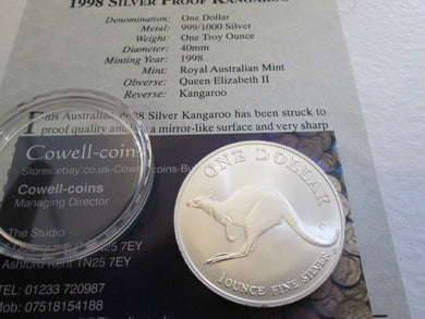AUSTRALIA 1998 PROOF 1oz $1 .999 FINE SILVER KANGAROO WITH COA