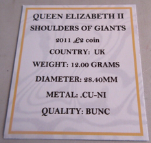 Load image into Gallery viewer, 2011 SHOULDERS OF GIANTS QEII BUNC £2 TWO POUND COIN WITH QUAD CAPSULE &amp; COA
