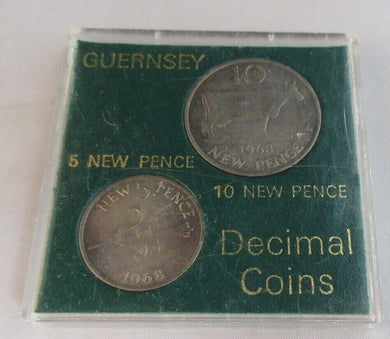 1968 GUERNSEY 5 NEW PENCE & 10 NEW PENCE DECIMAL COINS SET IN CLEAR HARD CASE
