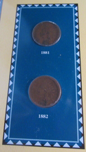 Load image into Gallery viewer, INDIAN HEAD PENNIES ISSUED 1881 &amp; 1882 WITH POSTAGE STAMPS ON ALBUM INFO SHEET
