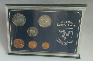1976 ISLE OF MAN DECIMAL COINS SET OF SIX COINS BU CLEAR CASE & ROYAL MINT BOOK