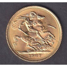 Load image into Gallery viewer, 1967 BRILLIANT UNCIRCULATED QUEEN ELIZABETH II LAUREATE HEAD FULL SOVEREIGN
