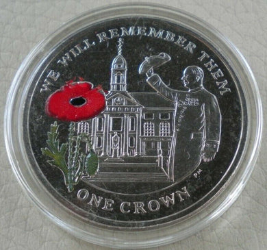 2014 WE WILL REMEMBER THEM FALKLAND ISLANDS COLOURED CROWN COIN WITHIN CAPSULE