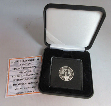1995 VE DAY PEACE IN EUROPE ALDERNEY SILVER PROOF ONE POUND £1 COIN BOX AND COA