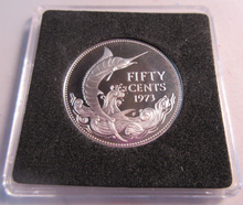 Load image into Gallery viewer, 1973 BAHAMAS BLUE MARLIN QEII 50 CENTS .800 SILVER PROOF COIN BOX &amp; COA
