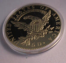 Load image into Gallery viewer, 1822 CAPPED BUST HALF EAGLE RE-STRIKE 70MM MEDALLION GOLD PLATED, CAPSULE &amp; COA
