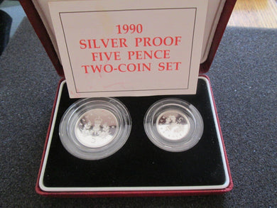 1990 Royal Mint Silver Proof 5p Five Pence Large And Small Coin Set Boxed/COA#2