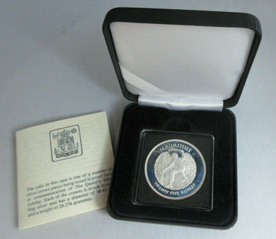 1952-1977 QUEEN ELIZABETH II MAURITIUS 25 RUPEES SILVER PROOF CROWN BOX & COA