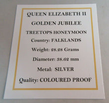 Load image into Gallery viewer, 2002 QEII GOLDEN JUBILEE TREETOPS HONEYMOON 50P CROWN SILVER COLOURED PROOF &amp;BOX
